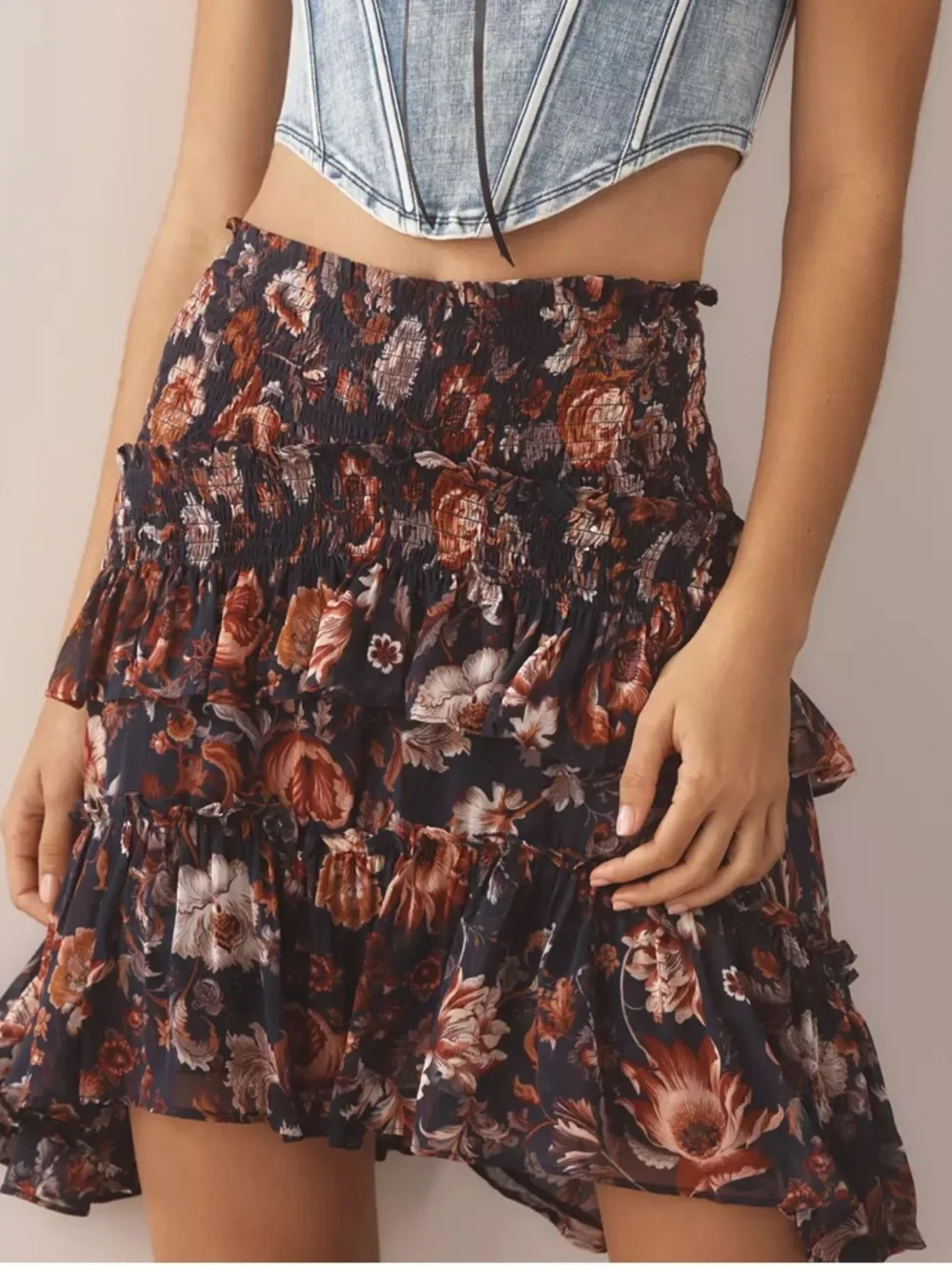 Anthropologie Asymmetrical Smocked Mini Skirt Ruffle Tier Floral Women’s Size S